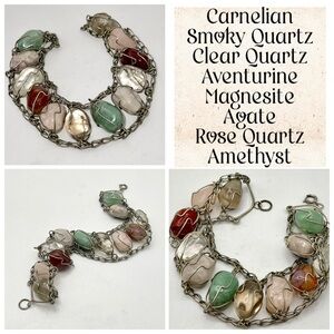 Fabulous Sterling Silver Caged Polished Gemstones Link Bracelet Vintage Estate